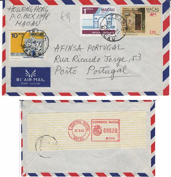 2844.jpg -     Lote:    2844      Lotes pelo Correio      Macau       Descrição:         1982/1992 &mdash; Edifícios e Monumentos Públicos de Macau + Portas e janelas de Macau. Sobrescrito circulado de Macau (27.09.93) para o Porto, com selos de 1P, 10 avos e 1,70P CE462, 474 e 664 + franquia mecânica no verso de 0,20 máquina H004.        Carta       Valor Base:     &euro; 12,00     Valor Venda:     &euro;      