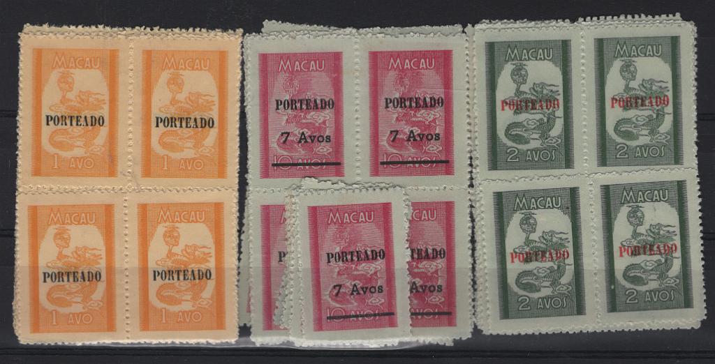 2855.jpg -     Lote:    2855      Lotes pelo Correio      Macau       Descrição:         1951 &mdash; Porteado. Vinhetas tipo "Dragão", com sobrecarga. CE POR51/53. Lote com 18 séries completas em quadras, pares ou selos isolados. Valor de catálogo &euro; 108,00.        *       Valor Base:     &euro; 20,00     Valor Venda:     &euro;      