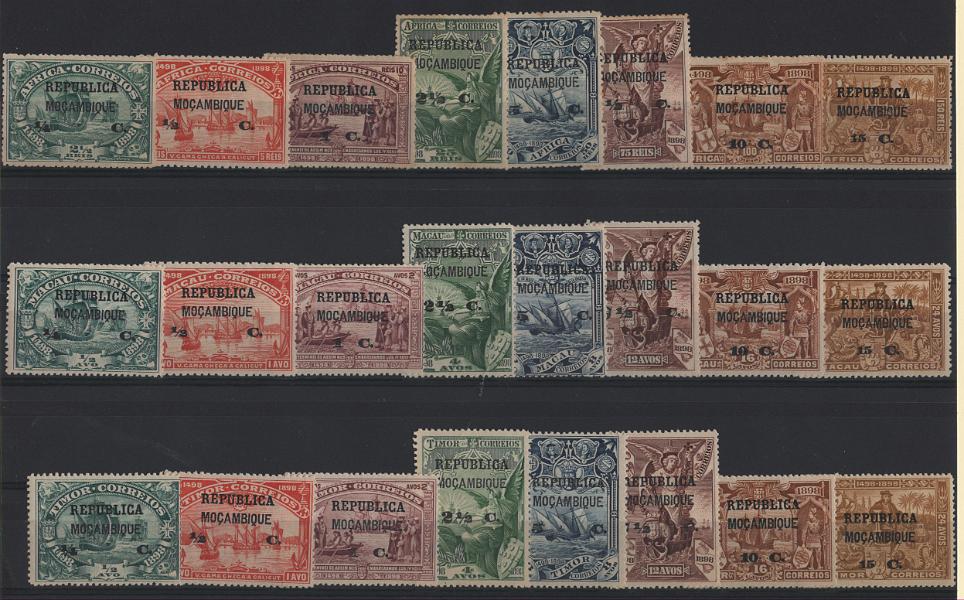 2887.jpg -     Lote:    2887      Lotes pelo Correio      Moçambique       Descrição:         1913 &mdash; 4.º Centenário do Descobrimento do Caminho Marítimo para a Índia, com sobrecarga REPUBLICA e sobretaxa, sobre selos de África, Macau e Timor. CE 129/152. As três séries completas. Valor de catálogo &euro; 77,00.        **       Valor Base:     &euro; 15,00     Valor Venda:     &euro;      