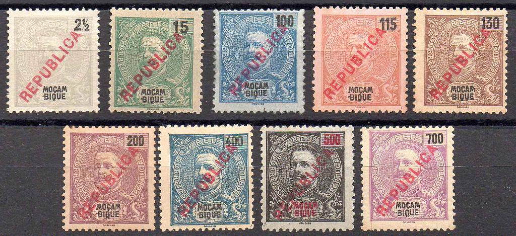 2888.jpg -     Lote:    2888      Lotes pelo Correio      Moçambique       Descrição:         1917 &mdash; D. Carlos I, tipo Mouchon, com sobrecarga REPUBLICA tipografada localmente. CE 189/190, 194/200. Série incompleta. Valor de catálogo &euro; 181,00.        (*)       Valor Base:     &euro; 25,00     Valor Venda:     &euro;      