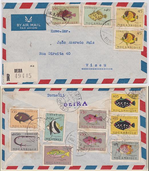 2896.jpg -     Lote:    2896      Lotes pelo Correio      Moçambique       Descrição:         1951 &mdash; Peixes de Moçambique. Sobrescrito circulado registado da Beira (08.09.51) para Viseu, com selos de $05 (par), $10, $15 (par), $20, $30 (par), $40, $50, 2$50 e 4$00. CE356/362,366 e 369.        Carta       Valor Base:     &euro; 8,00     Valor Venda:     &euro;      