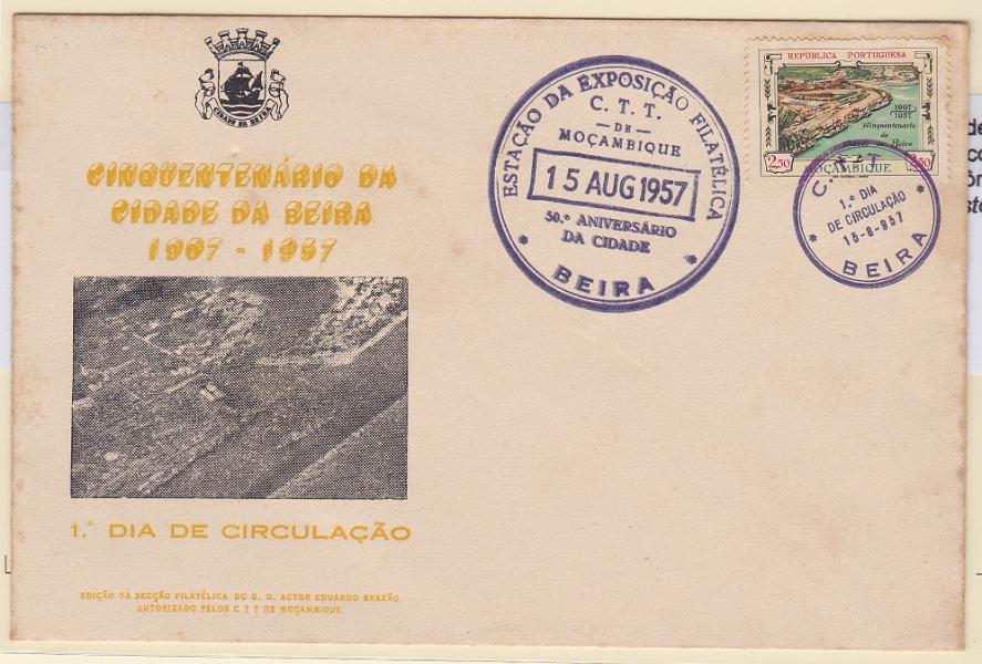 2902.jpg -     Lote:    2902      Lotes pelo Correio      Moçambique       Descrição:         1957 &mdash; Centenário da Cidade da Beira. CE426. FDC com carimbo de 1.º dia de circulação e carimbo comemorativo a Estação da Exposição Filatélica.        FDC       Valor Base:     &euro; 6,00     Valor Venda:     &euro;      