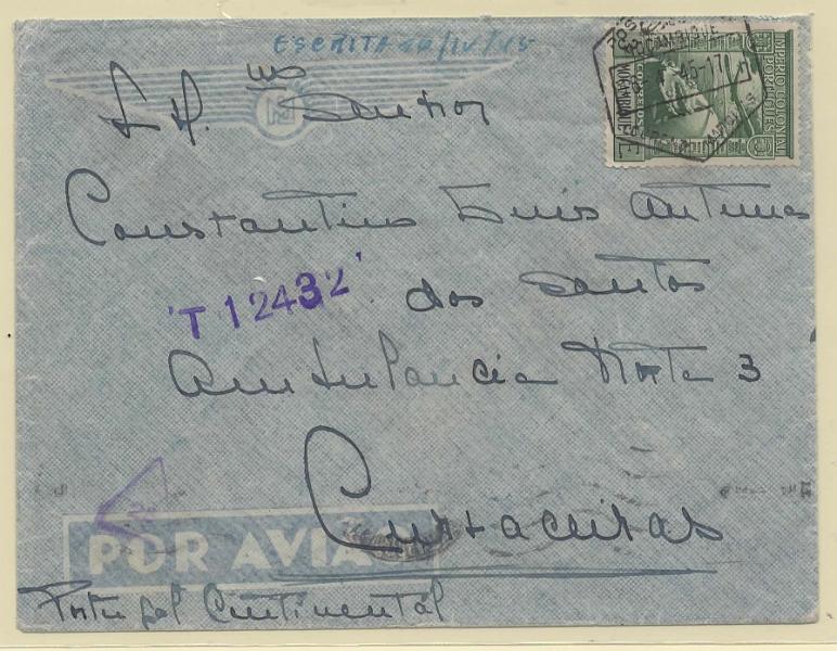 2911.jpg -     Lote:    2911      Lotes pelo Correio      Moçambique       Descrição:         1938 &mdash; Correio Aéreo. Império Colonial Português. CE CA6, 3E em sobrescrito circulado de L. Marques (16.04.45) para Curvaceiras.        Carta       Valor Base:     &euro; 12,00     Valor Venda:     &euro;      