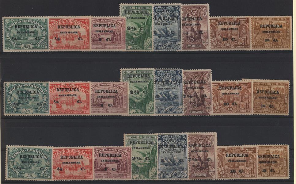 2917.jpg -     Lote:    2917      Lotes pelo Correio      Inhambane       Descrição:         1913 &mdash; 4.º Centenário do Descobrimento do Caminho Marítimo para a Índia, com sobrecarga REPUBLICA e sobretaxa, sobre selos de África, Macau e Timor. CE 47/70. As três séries completas. Valor de catálogo &euro; 81,00.        **       Valor Base:     &euro; 16,00     Valor Venda:     &euro;      