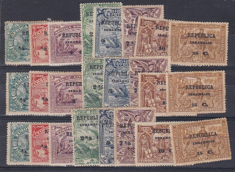 2918.jpg -     Lote:    2918      Lotes pelo Correio      Inhambane       Descrição:         1913 &mdash; 4.º Centenário do Descobrimento do Caminho Marítimo para a Índia, com sobrecarga REPUBLICA e sobretaxa sobre selos de África, Macau e Timor. CE47/70. As três séries completas. Dois selos com vestígios de óxido. Lote a ver. Valor de catálogo &euro; 128,00.        **       Valor Base:     &euro; 15,00     Valor Venda:     &euro;      