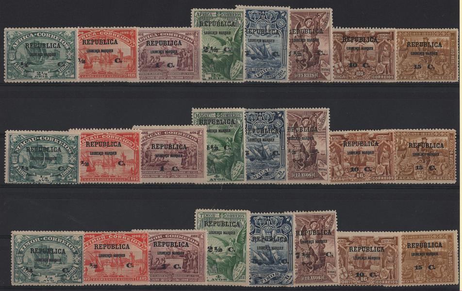 2919.jpg -     Lote:    2919      Lotes pelo Correio      Lourenço Marques       Descrição:         1913 &mdash; 4.º Centenário do Descobrimento do Caminho Marítimo para a Índia, com sobrecarga REPUBLICA e sobretaxa, sobre selos de África, Macau e Timor. CE 93/116. As três séries completas. Valor de catálogo &euro; 93,00.        **       Valor Base:     &euro; 18,00     Valor Venda:     &euro;      