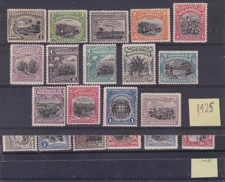 2922.jpg -     Lote:    2922      Lotes pelo Correio      Companhia de Moçambique       Descrição:         1920/25 &mdash; Motivos locais + Motivos locais, com sobretaxa. Lote composto por três séries: CE133/141 (incompleta) + CE142/150 em denteado 15x14 + série em denteado 12x11 &frac12; + CE151/161. Selos em muito bom estado, a quase totalidade com goma original sem sinal de charneira. Três ou 4 selos com pontos de óxido. Lote a ver. Valor de catálogo &euro; 165,00.        ***       Valor Base:     &euro; 20,00     Valor Venda:     &euro;      