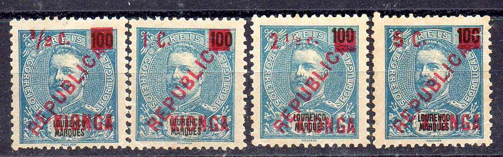 2924.jpg -     Lote:    2924      Lotes pelo Correio      Kionga       Descrição:         1916 &mdash; Selos de D. Carlos I, de Lourenço Marques, com sobretaxa. CE &frac14;. Série completa. Valor de catálogo &euro; 88,00.        *       Valor Base:     &euro; 10,00     Valor Venda:     &euro;      