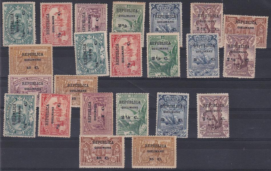 2926.jpg -     Lote:    2926      Lotes pelo Correio      Quelimane       Descrição:         1913 &mdash; 4.º Centenário do Descobrimento do Caminho Marítimo para a Índia, com sobrecarga REPUBLICA e sobretaxa sobre selos de África, Macau e Timor. CE&frac12;4. As três séries completas. Dois selos com vestígios de óxido. Lote a ver. Valor de catálogo &euro; 160,00.        **       Valor Base:     &euro; 12,00     Valor Venda:     &euro;      