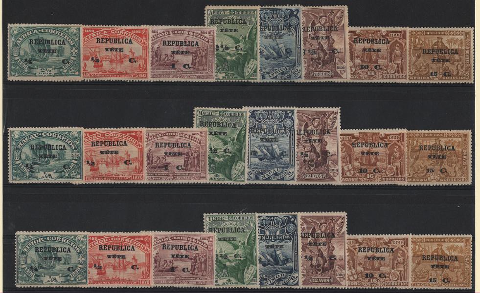 2927.jpg -     Lote:    2927      Lotes pelo Correio      Tete       Descrição:         1913 &mdash; 4.º Centenário do Descobrimento do Caminho Marítimo para a Índia, com sobrecarga REPUBLICA e sobretaxa, sobre selos de África, Macau e Timor. CE &frac12;4. As três séries completas. Valor de catálogo &euro; 104,00.        **       Valor Base:     &euro; 20,00     Valor Venda:     &euro;      
