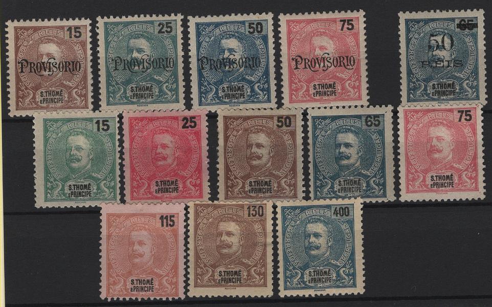 2930.jpg -     Lote:    2930      Lotes pelo Correio      S. Tomé e Príncipe       Descrição:         1903/05 &mdash; D. Carlos I, sobrecarga PROVISÓRIO + D. Carlos I + D. Carlos I, com sobretaxa. CE 82/95. As três séries completas. Alguns selos com goma não original ou sem goma. Valor de catálogo &euro; 160,00.        **/*       Valor Base:     &euro; 25,00     Valor Venda:     &euro;      