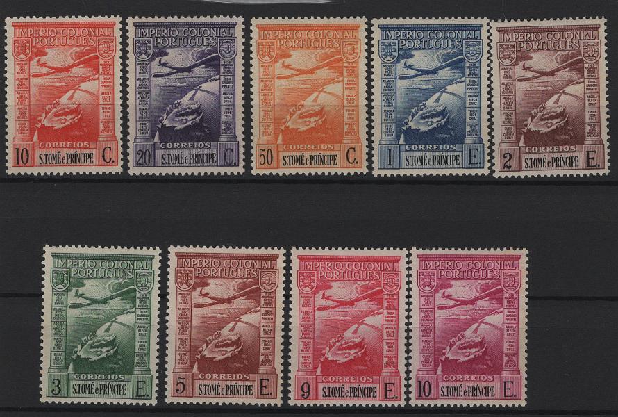 2941.jpg -     Lote:    2941      Lotes pelo Correio      S. Tomé e Príncipe       Descrição:         1938 &mdash; Correio Aéreo. Império Colonial Português. Legenda S. Tomé e Príncipe. CE 10/18. Série completa. Valor de catálogo &euro; 70,00.        ***       Valor Base:     &euro; 15,00     Valor Venda:     &euro;      