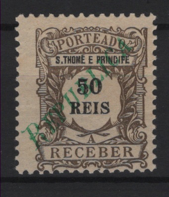 2942.jpg -     Lote:    2942      Lotes pelo Correio      S. Tomé e Príncipe       Descrição:         1920 &mdash; Porteado. Emissão regular, com sobrecarga REPUBLICA local. CE POR41, 50 reis. Valor de catálogo &euro; 50,00.        ***       Valor Base:     &euro; 10,00     Valor Venda:     &euro;      