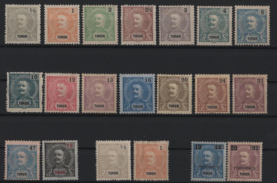 2946.jpg -     Lote:    2946      Lotes pelo Correio      Timor       Descrição:         1898/1900 &mdash; D. Carlos I, tipo Mouchon + D. Carlos I com sobrecarga PROVISORIO. CE58/73 + CE74/75. As duas séries completas. Lote a ver. Valor de catálogo &euro; 120,00.        **/*       Valor Base:     &euro; 20,00     Valor Venda:     &euro;      