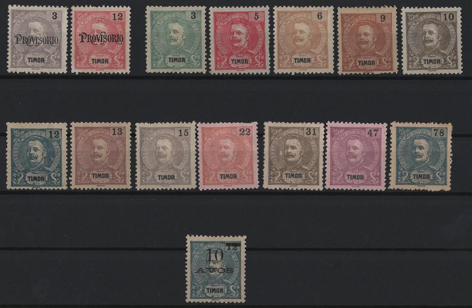 2947.jpg -     Lote:    2947      Lotes pelo Correio      Timor       Descrição:         1902/03 &mdash; D. Carlos I Mouchon + D. Carlos I, com sobrecarga PROVISÓRIO + D. Carlos I, com sobretaxa. CE 97/98 + 99/110 + 101. As três séries completas. Selos sem goma como emitidos. Valor de catálogo &euro; 121,10.        *       Valor Base:     &euro; 20,00     Valor Venda:     &euro;      