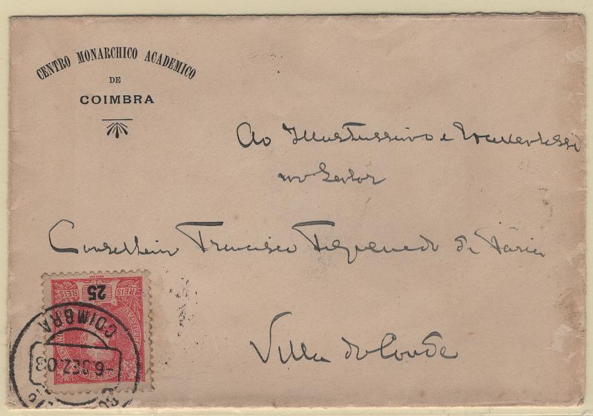 2964.jpg -     Lote:    2964      Lotes pelo Correio      Portugal       Descrição:         Carimbos nominativos. 1899 &mdash; D. Carlos I Mouchon. CE141, 25 reis carmim, em sobrescrito circulado de Coimbra (06.12.03) para Vila do Conde. No verso carimbo nominativo a preto "V.ª DO CONDE".        Carta       Valor Base:     &euro; 10,00     Valor Venda:     &euro;      
