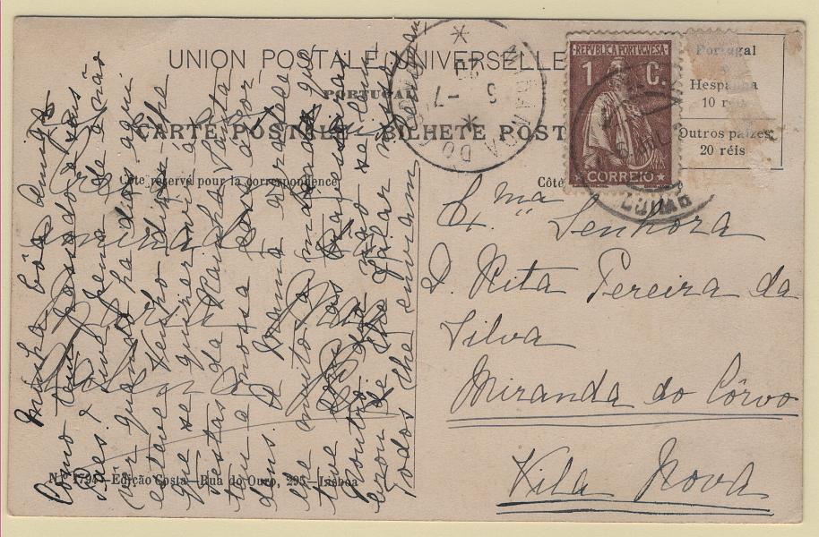 3016.jpg -     Lote:    3016      Lotes pelo Correio      Portugal       Descrição:         Carimbos tipo francês. 1917/20 &mdash; Ceres. Postal ilustrado circulado de Coimbra (06.07.20) para Miranda do Corvo (06.07.20), com selo de 1C castanho + selo perdido. Carimbo batido a preto de "MIRANDA DO CORVO".        PI       Valor Base:     &euro; 5,00     Valor Venda:     &euro;      