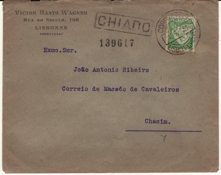 3018.jpg -     Lote:    3018      Lotes pelo Correio      Portugal       Descrição:         Carimbos nominativos e circulares datados. Sobrescrito circulado de Lisboa &mdash; Chiado (16.09.32) para Chacim com carimbos a preto "CHIADO" e "LISBOA &mdash; CHAIDO".        Carta       Valor Base:     &euro; 12,00     Valor Venda:     &euro;      