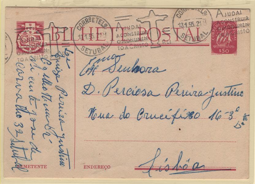 3021.jpg -     Lote:    3021      Lotes pelo Correio      Portugal       Descrição:         Flâmulas Publicitárias. 1949/50 &mdash; Caravela. OM116, $50. Circulado de Setúbal (13.01.55) para Lisboa. Flâmula "AJUDAI A CONSTRUIR O MONUMENTO A CRISTO REI.        IC       Valor Base:     &euro; 5,00     Valor Venda:     &euro;      