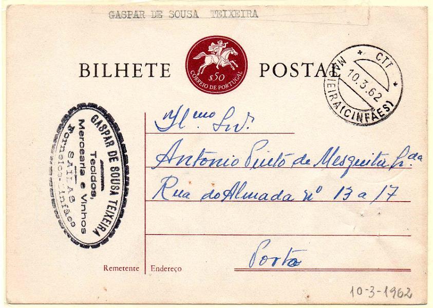 3023.jpg -     Lote:    3023      Lotes pelo Correio      Portugal       Descrição:         Carimbos circulares datados. 1956 &mdash; Postilhão. OM133, ($50) circulado de Macieira (10.03.62) para o Porto. Carimbo a preto de MACIEIRA (CINFÃES).        IC       Valor Base:     &euro; 4,00     Valor Venda:     &euro;      