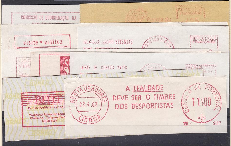 3024.jpg -     Lote:    3024      Lotes pelo Correio      Portugal       Descrição:         Lote com 10 flâmulas publicitárias / franquias mecânicas sobre fragmentos sendo 6 de Portugal, 3 de frança e 1 da Inglaterra.        FRG       Valor Base:     &euro; 5,00     Valor Venda:     &euro;      