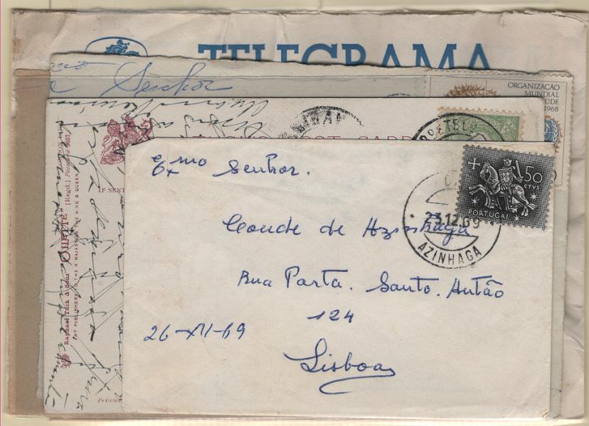 3025.jpg -     Lote:    3025      Lotes pelo Correio      Portugal       Descrição:      Portugal * Franquia mecânicas / flâmulas.   Carimbos circulares datados. Lote com 4 sobrescritos, 1 postal Ilustrado e um telegrama, com ccd's diversos incluindo "AZINHAGA", "EAGUEIRA", "VILAR (CADAVAL)", etc.        Lote       Valor Base:     &euro; 5,00     Valor Venda:     &euro;      
