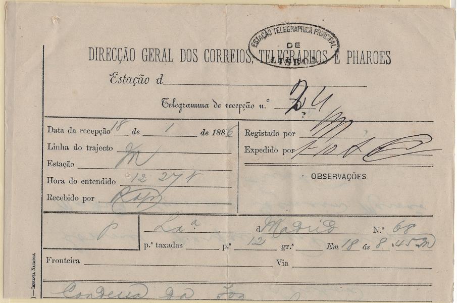 3033.jpg -     Lote:    3033      Lotes pelo Correio      Portugal       Descrição:         Carimbos da telegrafia elétrica. Telegrama datado de Lisboa (16.01.86), com carimbo oval a preto "ESTAÇÃO TELEGRAPHICA PRINCIPAL / DE / LISBOA".        TLG       Valor Base:     &euro; 5,00     Valor Venda:     &euro;      