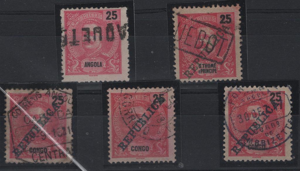 3038.jpg -     Lote:    3038      Lotes pelo Correio      Angola       Descrição:         Marcofilia diversa. Lote com cinco selos de 25 reis D. Carlos I CE80 e 93 com marcas diversas: dois com carimbos diferentes de "PAQUEBOT", CABINDA CENTRAL, CORR.º DE AMBRIZETTE e numérico volante "13".        Lote       Valor Base:     &euro; 5,00     Valor Venda:     &euro;      