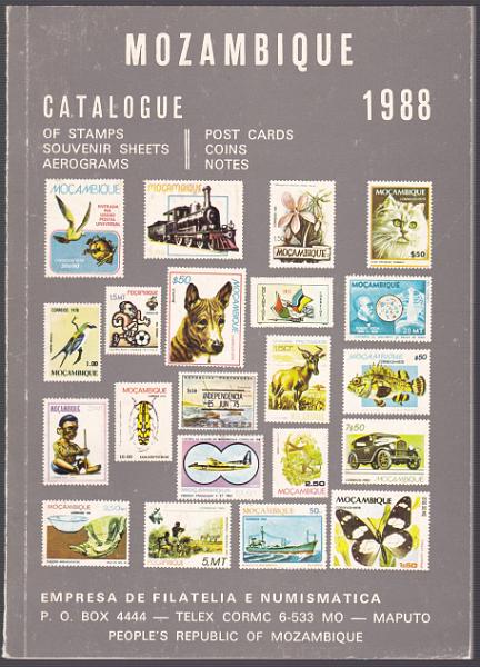 3087.jpg -     Lote:    3087      Lotes pelo Correio             Descrição:         Catálogo de Selos de Moçambique, 1988 (versão em inglês). Editado pela Empresa de Filatelia e Numismática.        Livro       Valor Base:     &euro; 5,00     Valor Venda:     &euro;      