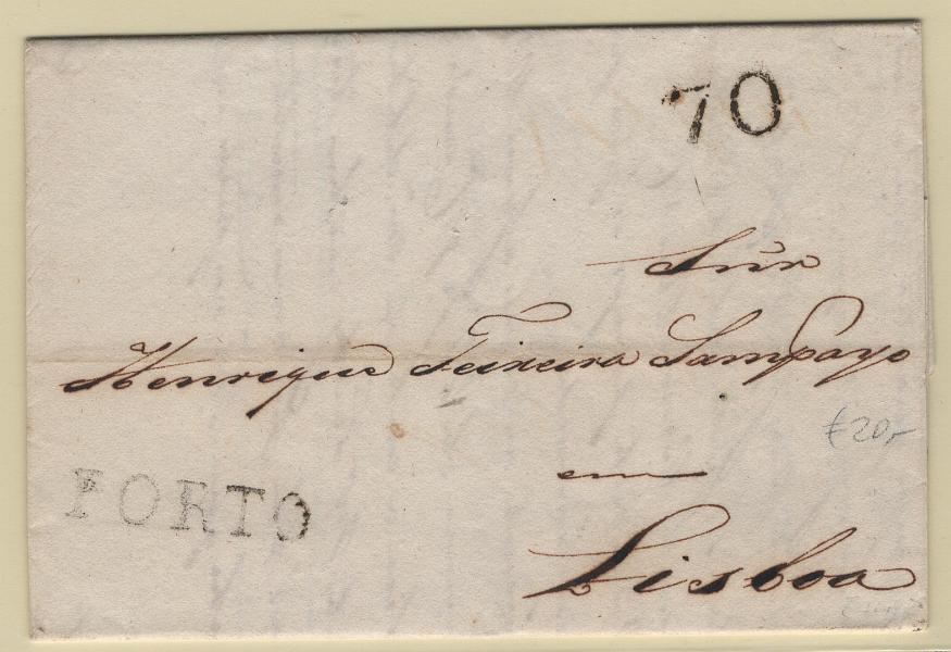 0040.jpg -     Lote:    40                   Descrição:         Porto &mdash; A preto, LF PRT2A, em carta datada do Porto (26.02.1814) para Lisboa, com o porte de 70 reis batido a preto. Valor de catálogo &euro; 45.00         Carta       Valor Base:     &euro; 15,00     Valor Venda:     &euro;      