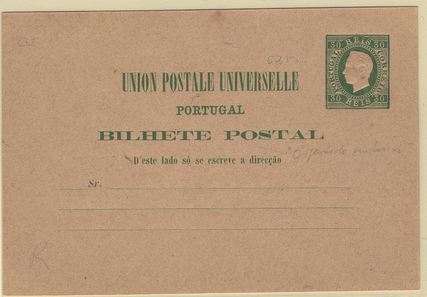 0057.jpg -     Lote:    57                   Descrição:         1879 &mdash; D. Luís I, fita direita. Impressão em relevo. OM5, 30 reis verde. Reimpressão de 1885.         IN       Valor Base:     &euro; 10,00     Valor Venda:     &euro;      