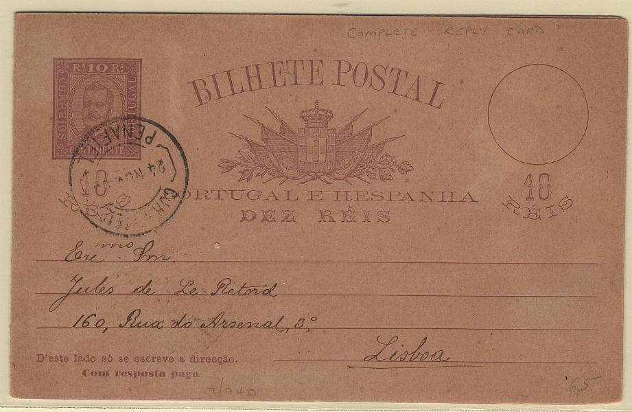 0065.jpg -     Lote:    65                   Descrição:         1892/95 &mdash; D. Carlos I, tipo Diogo Neto. OM16, 10+10 reis. Inteiro completo, apenas com a primeira folha circulada de Penafiel (24.11.99) para Lisboa.         IC       Valor Base:     &euro; 10,00     Valor Venda:     &euro;      