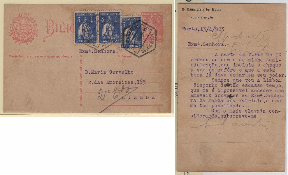 0078.jpg -     Lote:    78                   Descrição:         1921 &mdash; Ceres. OM68, 6C rosa. Circulado do Porto (14.04.23) para Lisboa, com 3 selos adicionais de 3C tipo Ceres MF235. Repicado no verso por : O COMMERCIO DO PORTO".         IC       Valor Base:     &euro; 10,00     Valor Venda:     &euro;      