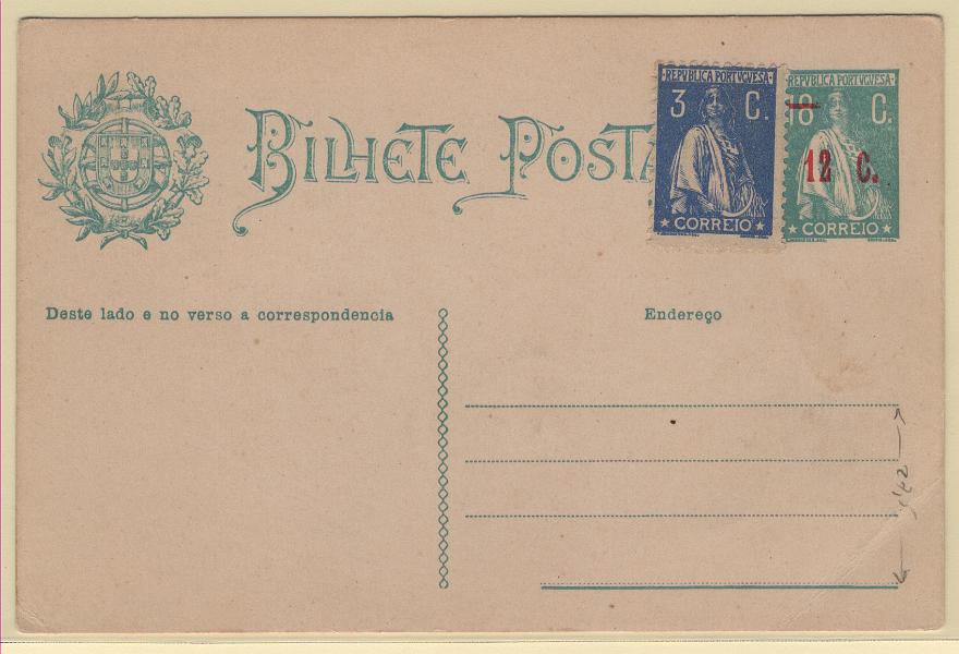 0081.jpg -     Lote:    81                   Descrição:         1922 &mdash; Ceres. Aumento de porte. OM71, 12C s/ 18C azul-verde. Inteiro novo com selo colado de 3C azul, tipo Ceres, denteado 12x11 &frac12;. Inteiro já vendido com o novo porte de 15C.         IN       Valor Base:     &euro; 12,00     Valor Venda:     &euro;      