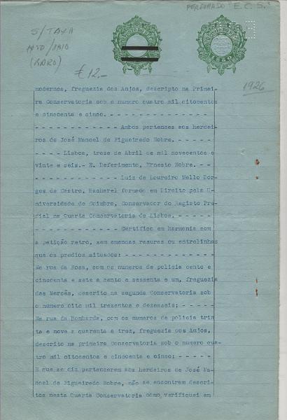 0195.jpg -     Lote:    195                   Descrição:         Fiscais. Parte documento em papel selado com a sobrecarga "1$50/1$10", ambos em STO circular, verde, com perfuração de segurança "E.C.S.". Rara sobrecarga.         DOC       Valor Base:     &euro; 8,00     Valor Venda:     &euro;      
