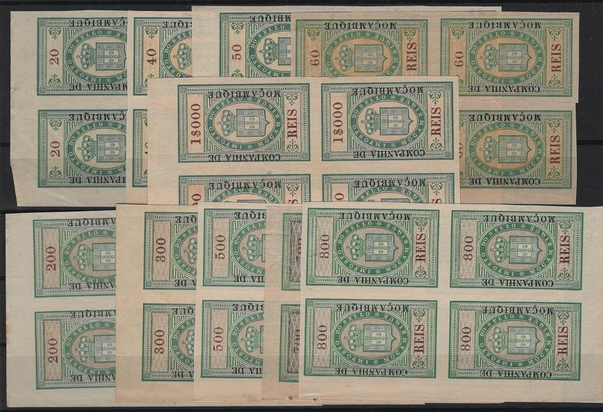 0211.jpg -     Lote:    211                   Descrição:         Fiscais. 1892 &mdash; Armas do Reino. Estampilhas de Moçambique com sobrecarga a preto, "COMPANHIA DE MOÇAMBIQUE". Lote com 10 quadras, não denteadas: 20, 40, 50, 60, 200, 300, 500, 700, 800 e 1$000 reis, PB 2, 4/6, 9, 10, 12, 13A, 14 e16. Valor de catálogo &euro; 220,00.         *       Valor Base:     &euro; 20,00     Valor Venda:     &euro;      