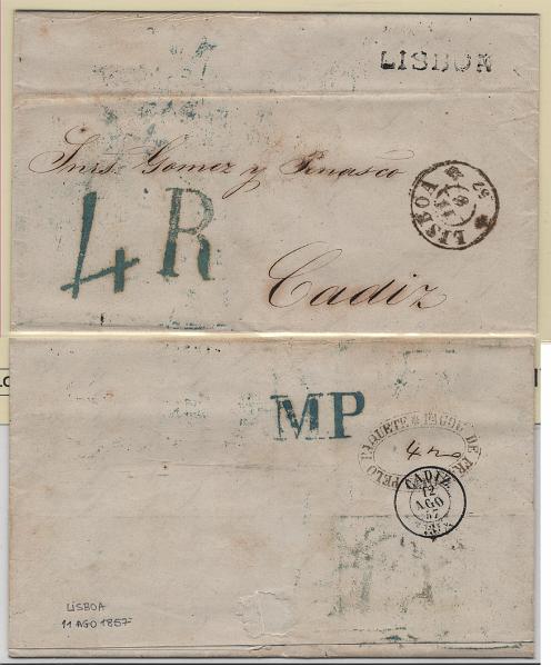 0245.jpg -     Lote:    245            Correio Marítimo       Descrição:         Correio marítimo. Carta remetida de Lisboa (11.08.57) para Cadiz (12.08.57) através do agente em Lisboa dos paquetes britânicos com marca batida a preto "LISBON". No verso carimbo de dupla oval batido a sépia "PAGOU DE FRANQUIA PELO PAQUETE" e o porte manuscrito de 420 reis. B e R.         Carta       Valor Base:     &euro; 30,00     Valor Venda:     &euro;      