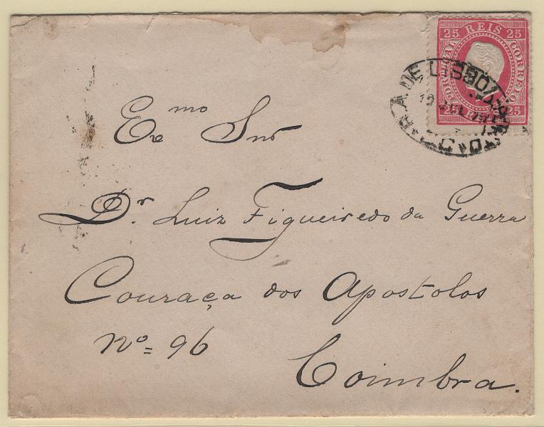 0253.jpg -     Lote:    253            Correio Ferroviário       Descrição:         Correio ferroviário. 1870/76 &mdash; D. Luís I. Fita direita. MF40, 25 reis, denteado 13 172, papel liso em carta remetida pela ambulância ferroviária de Lisboa (10.07.77) para Coimbra. Carimbo a obliterar o selo batido a preto "R. A. DE LISBOA &mdash; PORTO / C.C."         Carta       Valor Base:     &euro; 15,00     Valor Venda:     &euro;      
