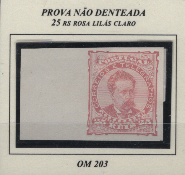0306.jpg -     Lote:    306            Portugal       Descrição:         1881/87 &mdash; D. Luís I, de frente. Desenhos e gravuras de Eugène Mouchon e Venâncio Alves. Tipo IV. CE57, 25 reis. Prova de cor em rosa lilas claro, papel liso médio, bordo de folha. OM203. MB.         PRV       Valor Base:     &euro; 20,00     Valor Venda:     &euro;      
