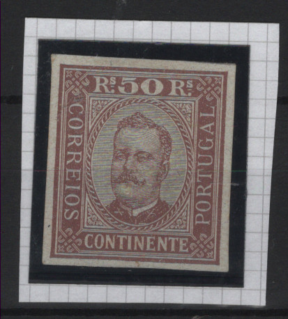 0320.jpg -     Lote:    320            Portugal       Descrição:         1892/93 &mdash; D. Carlos I, tipo Diogo Neto. MF71, 50 reis. Prova na cor castanha sobre papel porcelana colorido (cor não aprovada), não denteada, não gomada.         PRV       Valor Base:     &euro; 8,00     Valor Venda:     &euro;      