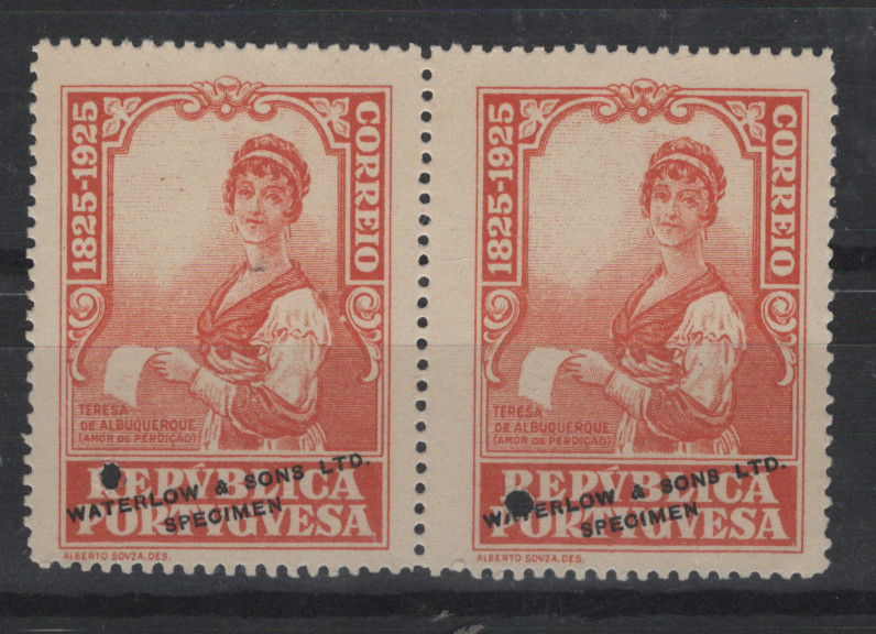 0340.jpg -     Lote:    340            Portugal       Descrição:         1925 &mdash; Centenário de Camilo Castelo Branco. Par horizontal de provas de cor, em laranja, com gravura de Teresa de Albuquerque, denteadas, em papel pontinhado, com tamanho ligeiramente maior aos selos originais, sem impressão da taxa e sobrecarga da casa impressora. MB.         PRV       Valor Base:     &euro; 15,00     Valor Venda:     &euro;      