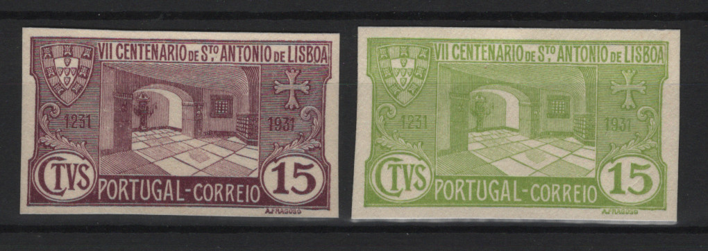 0354.jpg -     Lote:    354            Portugal       Descrição:         1931 &mdash; 7.º Centenário da Morte de S. António. MF531, 15c. Lote com duas provas de cor (lilás vermelho e verde-amarelo), não denteadas, em papel cartolina. Não catalogadas por OM. MB e R.         PRV       Valor Base:     &euro; 25,00     Valor Venda:     &euro;      