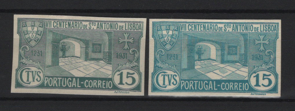 0355.jpg -     Lote:    355            Portugal       Descrição:         1931 &mdash; 7.º Centenário da Morte de S. António. MF531, 15c. Lote com duas provas de cor (azul-ardósia e azul-cinzento), não denteadas, em papel cartolina. Não catalogadas por OM. MB e R.         PRV       Valor Base:     &euro; 25,00     Valor Venda:     &euro;      