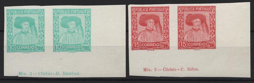 0361.jpg -     Lote:    361            Portugal       Descrição:         1935 &mdash; Infante D. Henrique. MF 568/569. Série completa de provas de cor em pares horizontais, em cantos de folha, nas cores aprovadas, em papel porcelana, com inscrições marginais "Min. 2 &mdash; Clichés &mdash; H. Munhoz + Min. 3 &mdash; Clichés &mdash; C. Silva". MB e R.         PRV       Valor Base:     &euro; 20,00     Valor Venda:     &euro;      