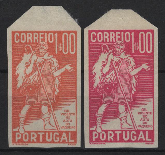 0365.jpg -     Lote:    365            Portugal       Descrição:         1937 &mdash; 4.º Centenário da Morte de Gil Vicente. MF 578. Lote com duas provas de cor (laranja e carmim-rosa), não denteadas, em papel liso médio (não aprovado). Não catalogadas por OM. MB e R.         PRV       Valor Base:     &euro; 20,00     Valor Venda:     &euro;      