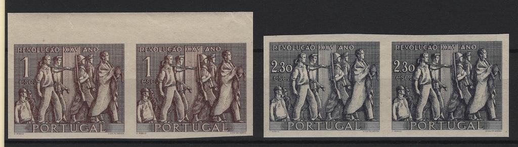 0390.jpg -     Lote:    390            Portugal       Descrição:         1951 &mdash; 25.º Aniversário da Revolução Nacional de 28 de Maio de 1926. MF 739/740. Série completa de provas de cor, em pares horizontais, nas cores aprovadas, em papel liso. MB e MR.         PRV       Valor Base:     &euro; 20,00     Valor Venda:     &euro;      