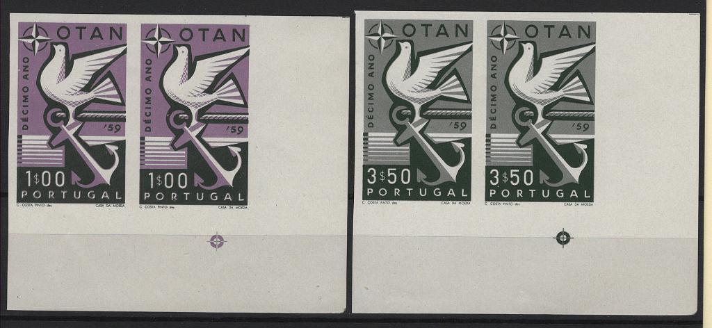 0406.jpg -     Lote:    406            Portugal       Descrição:         1960 &mdash; 10.º Aniversário da OTAN. MF 849/850. Série completa de provas de cor, em pares horizontais, canto de folha, nas cores aprovadas, em papel esmalte. MB e MR.         PRV       Valor Base:     &euro; 15,00     Valor Venda:     &euro;      
