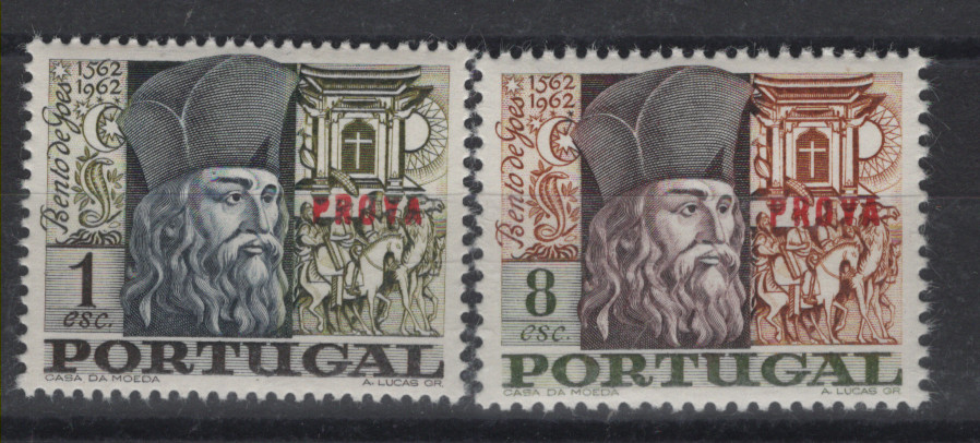0408.jpg -     Lote:    408            Portugal       Descrição:         1968 &mdash; Bento de Goes. MF1020/1021. Série com sobrecarga horizontal "PROVA" impressa a vermelho.         PRV       Valor Base:     &euro; 6,00     Valor Venda:     &euro;      