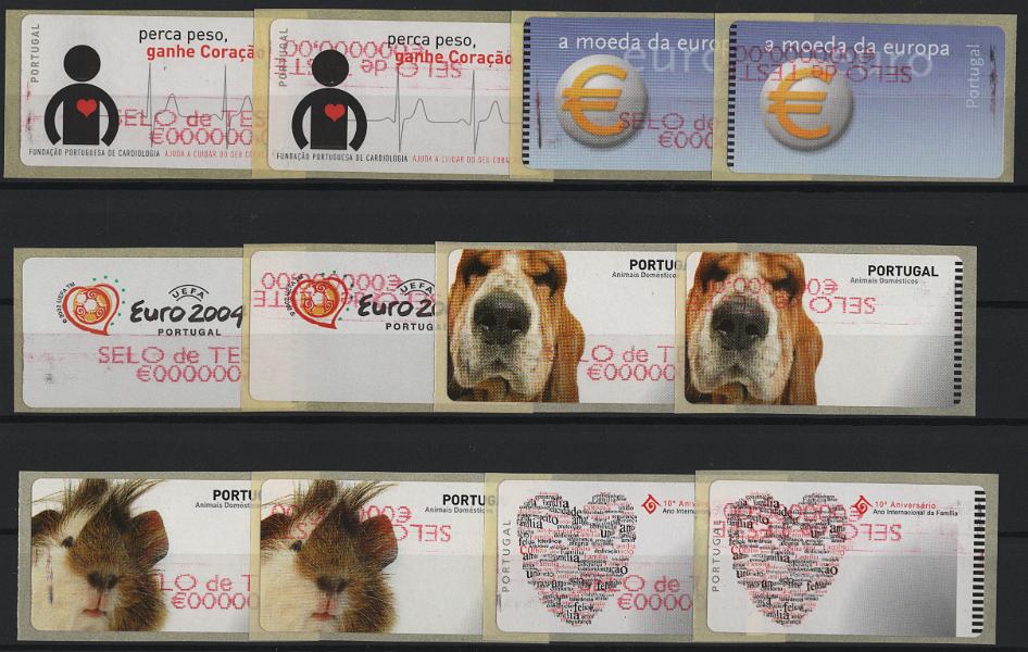 0413.jpg -     Lote:    413            Portugal       Descrição:         2002/2005 &mdash; Símbolo do Euro + Euro 2004 + Ano Internacional da Família + Fundação de Cardiologia + Animais domésticos. MF ETQ23, 25, 29, 31 e 33. Lote com 12 etiquetas de teste com legendas "SELO DE TESTE / &euro; 000000,00, impressas a vermelho, uma de cada espécie invertida.         PRV       Valor Base:     &euro; 12,00     Valor Venda:     &euro;      