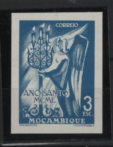 0444.jpg -     Lote:    444            Moçambique       Descrição:         1950 &mdash; Ano Santo. MF355, 3E. Prova de cor em azul (cor aprovada), não denteada, sobre papel esmalte.         PRV       Valor Base:     &euro; 8,00     Valor Venda:     &euro;      
